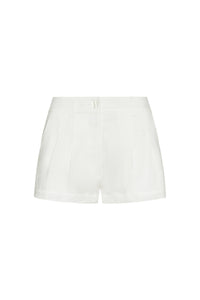Front view of Casablanca Short in white linen showing front pleats, belt loops, side pockets, and button-and-zip closure