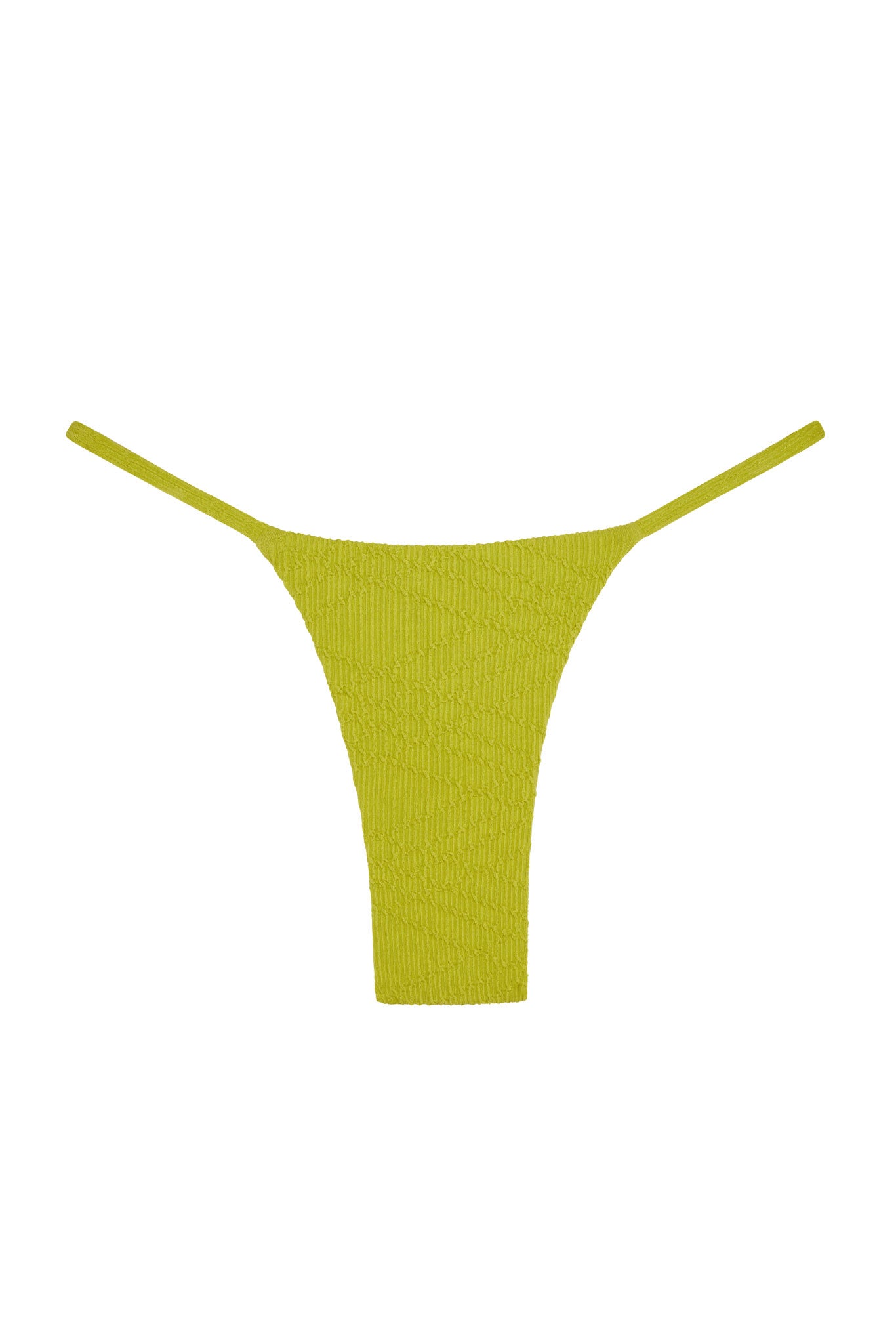 Yellow-green textured ribbed bikini thong bottom with thin side straps, shown on a white background