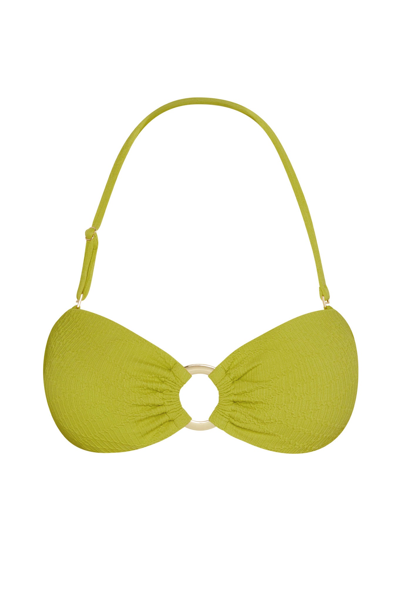 Lime-green textured bandeau bikini top with gold center ring and adjustable halter strap.