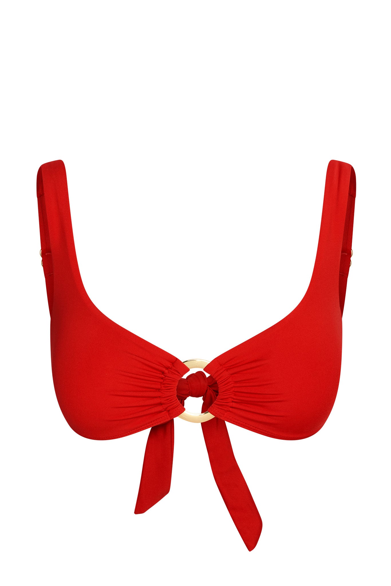 Red bikini top with gathered cups, center knot through gold ring and adjustable shoulder straps.