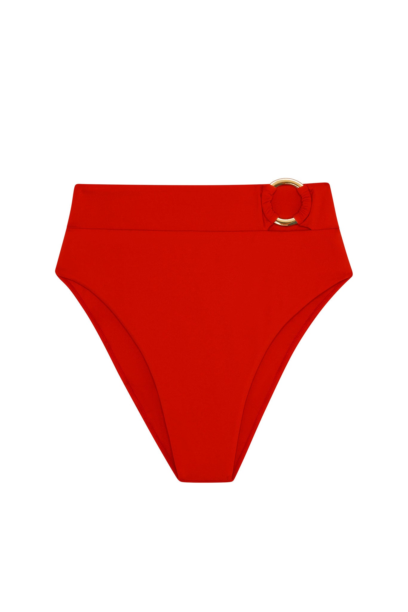 Red high-waist bikini bottom with a gold circular buckle on the waistband