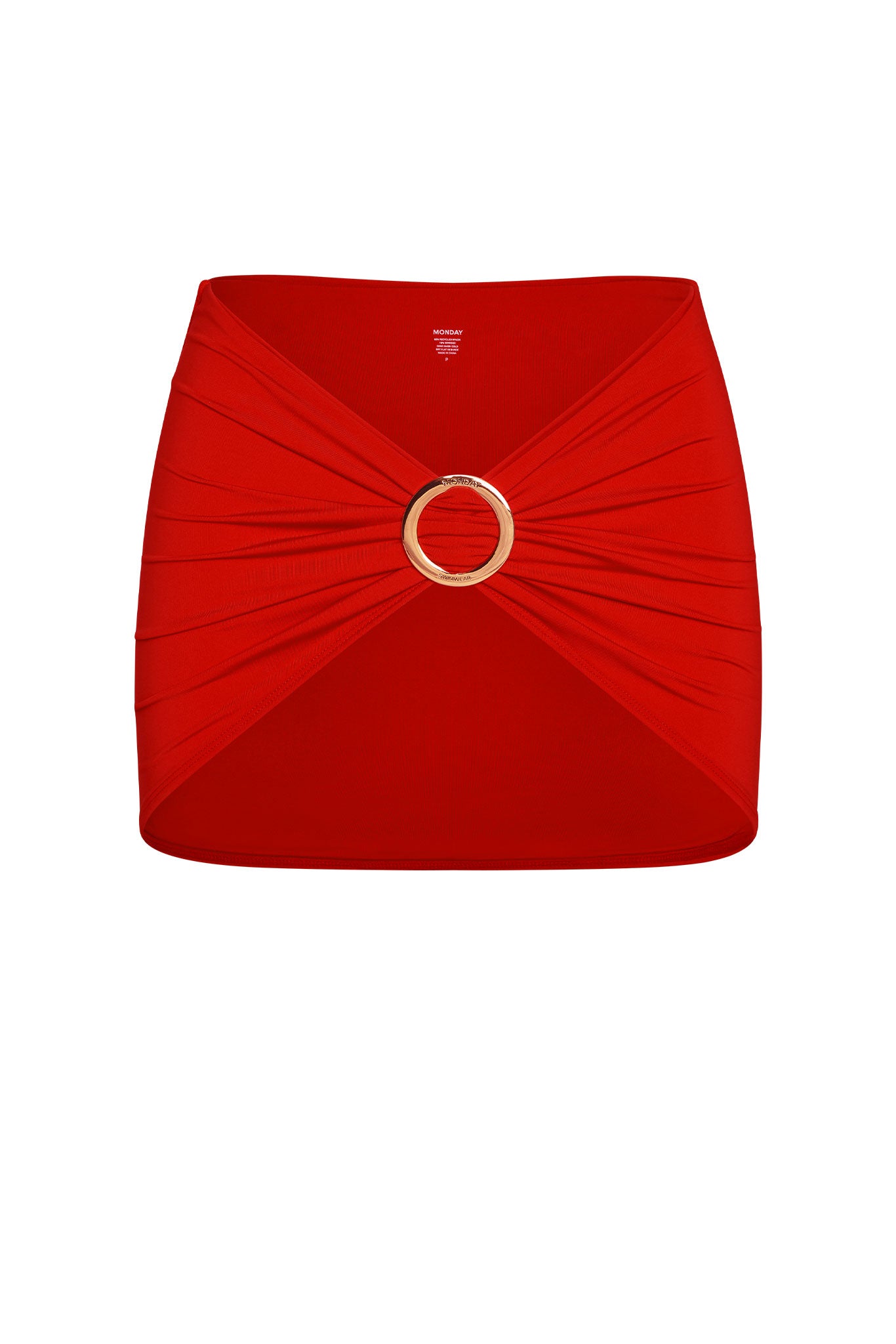 Red ruched mini skirt with a central gold ring buckle, label text 'MONDAY' visible inside waistband.