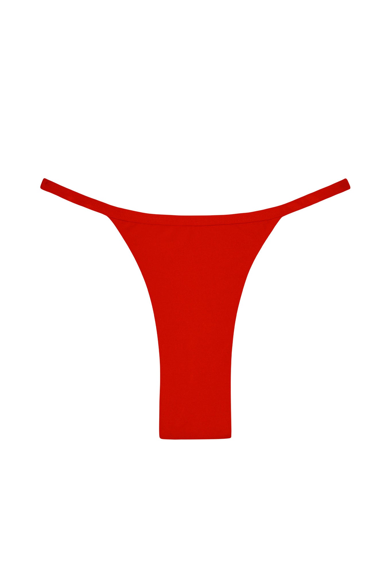 Red thong-style underwear laid flat on a white background