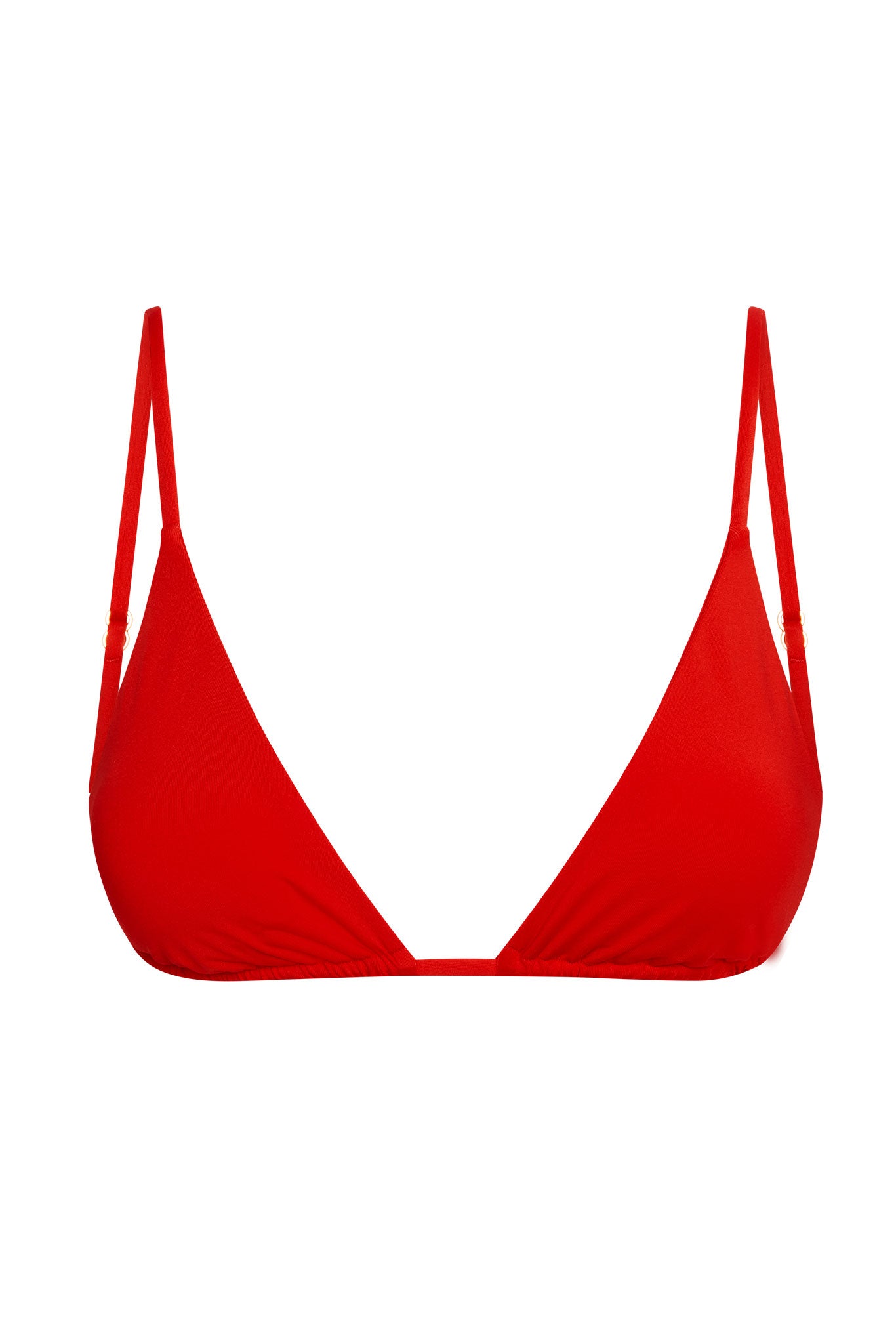 Red triangle bikini top with thin adjustable straps, isolated on white background.