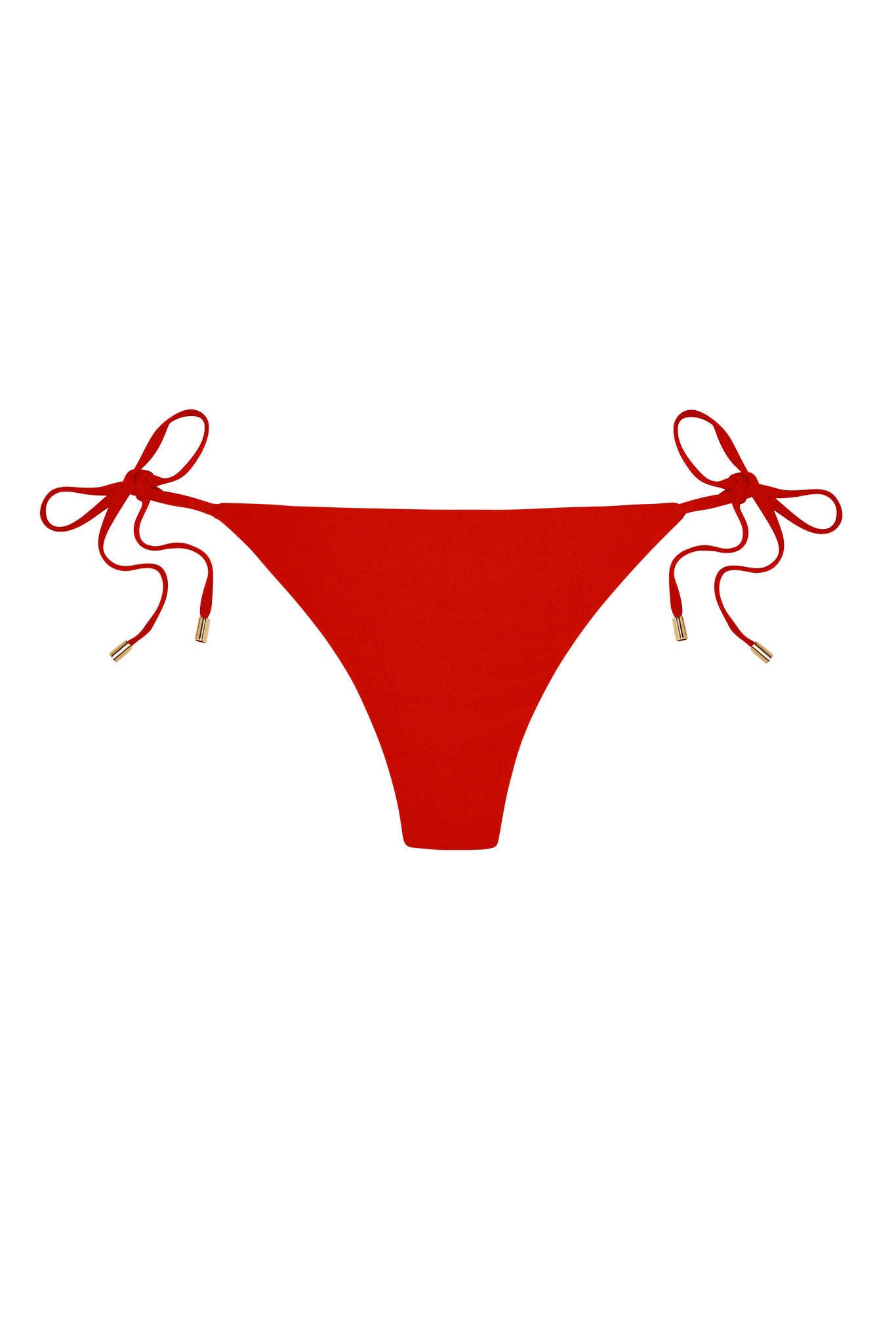 Red tie-side bikini bottom with gold-tipped cords on white background.