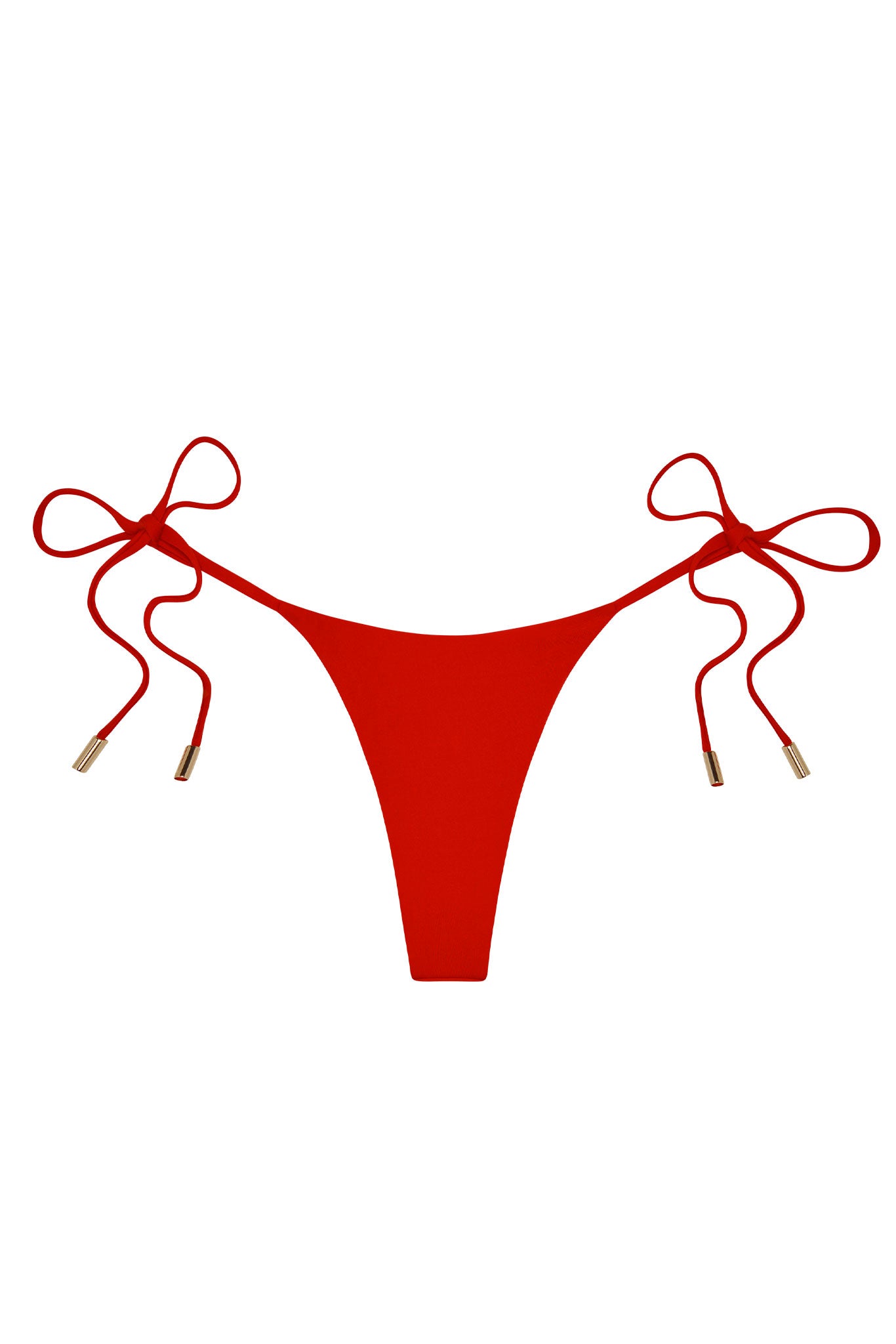 Red tie-side bikini bottom with gold-tipped tie ends on white background.
