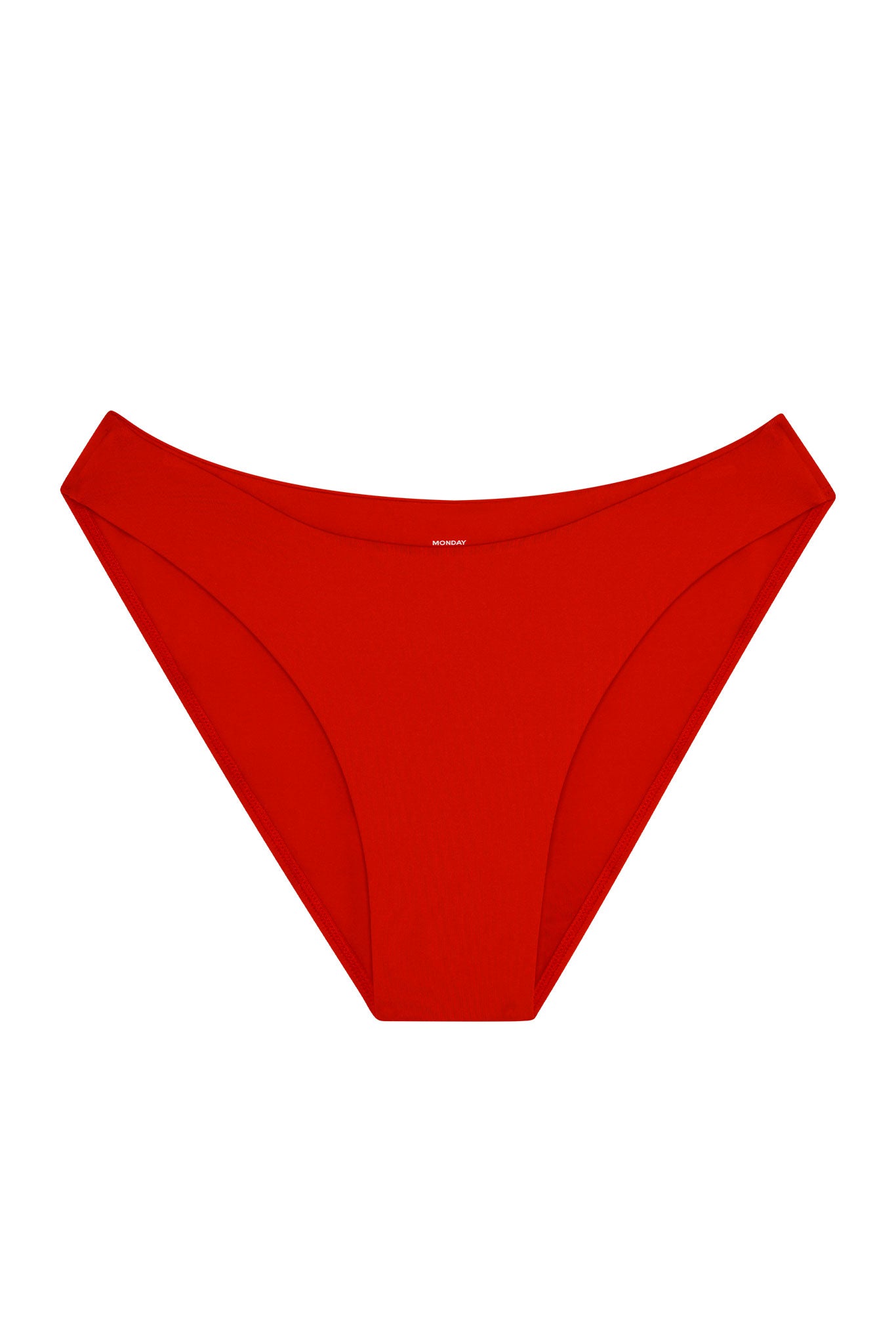 Red high-cut bikini briefs with small white text 'MONDAY' at center back waistband.