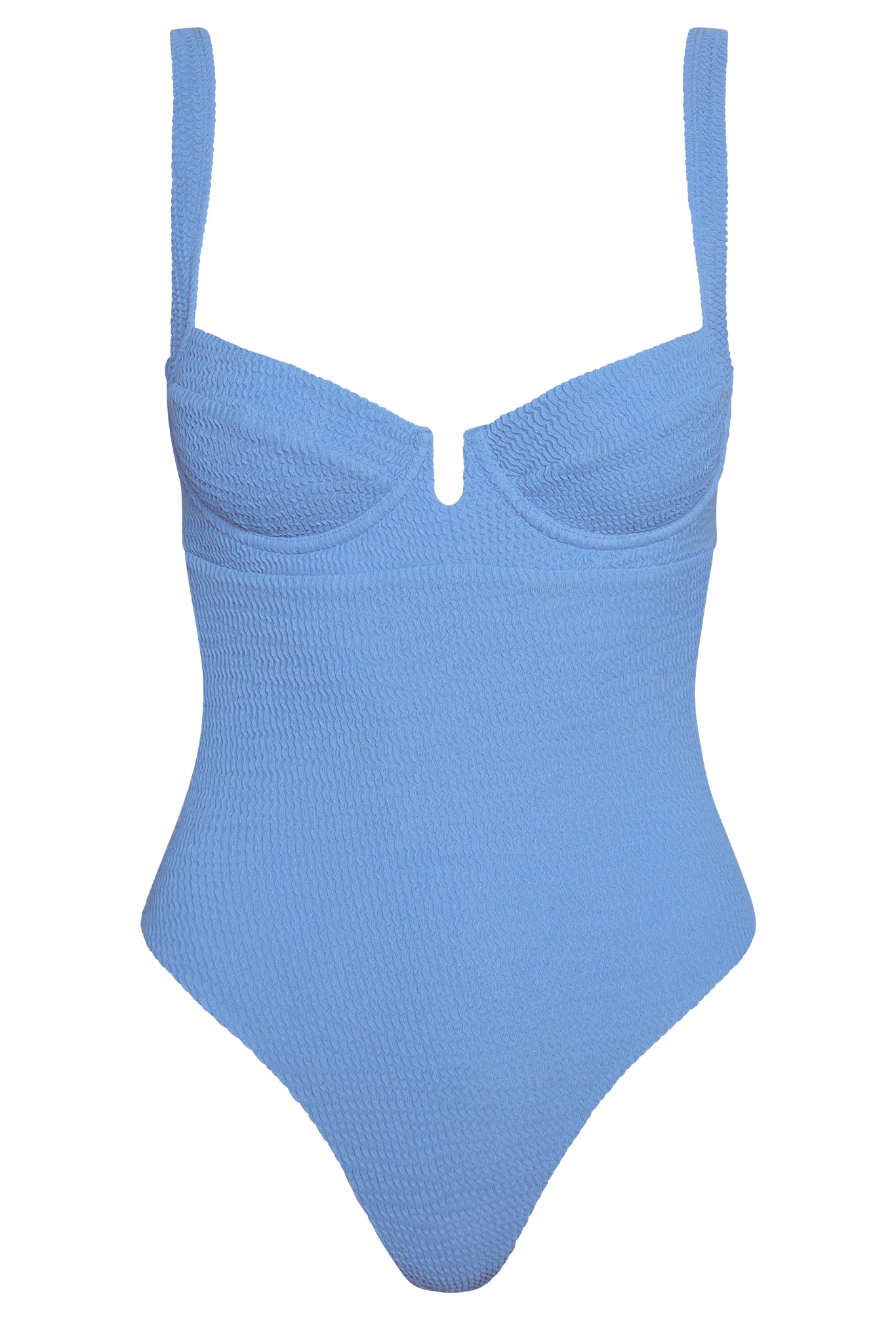 Light-blue textured one-piece swimsuit with underwire cups and small center V-notch