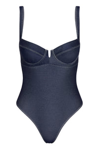 Front view of Clovelly One Piece in blue denim with underwire cups, V-notch and high-cut leg on white background