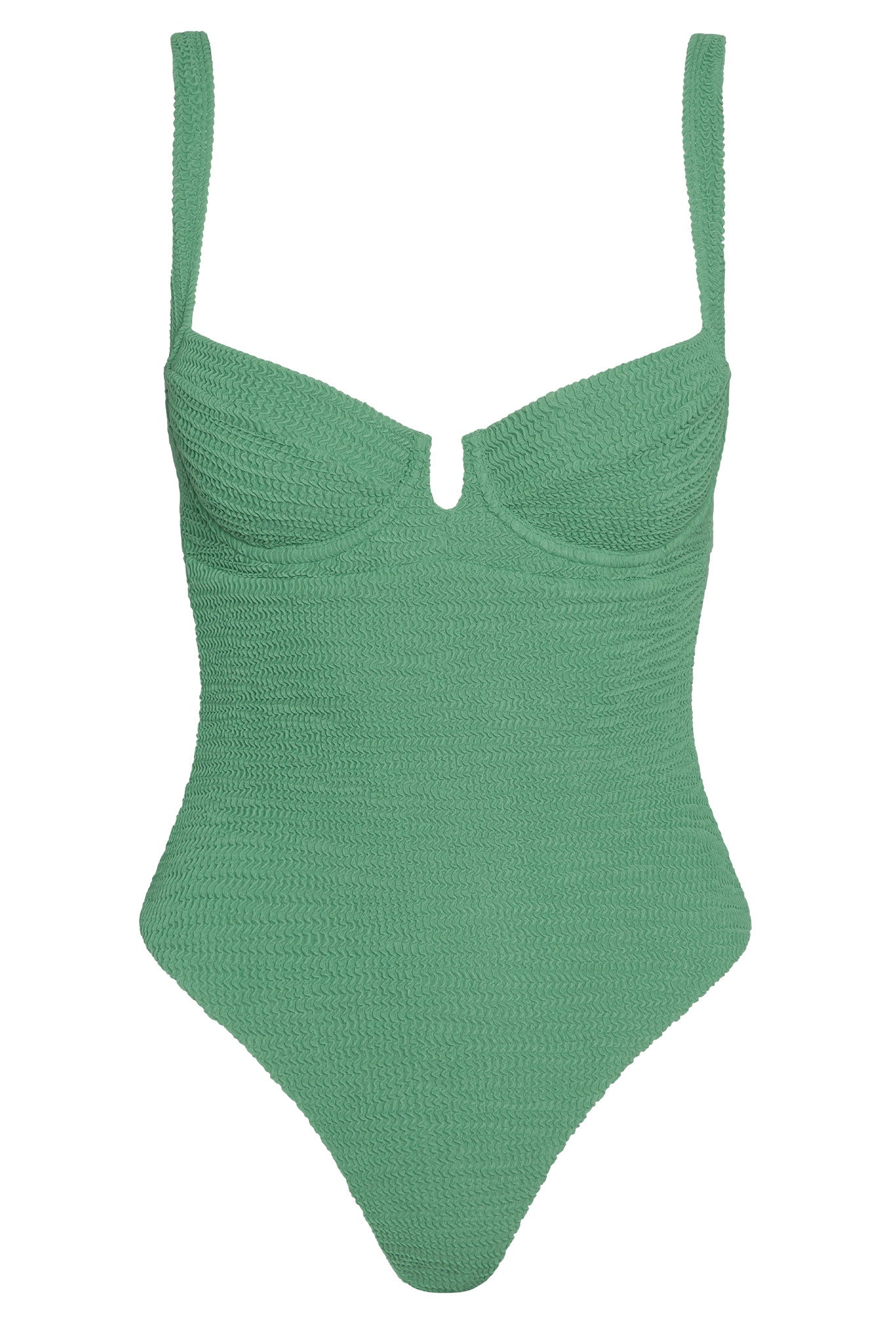 Green textured one-piece swimsuit with underwire sweetheart neckline and thin shoulder straps.