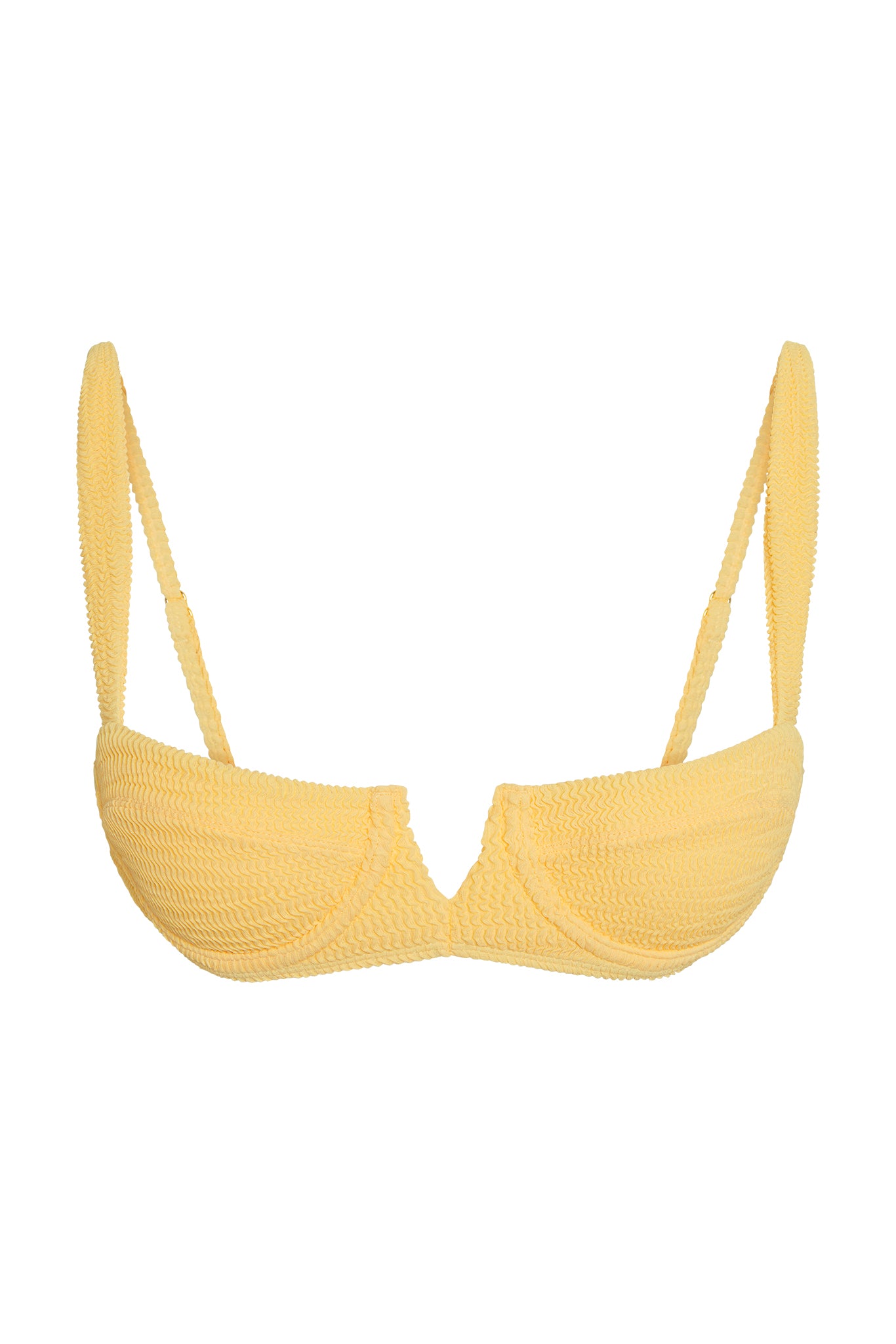 Yellow textured underwire bikini top with notched center and adjustable straps
