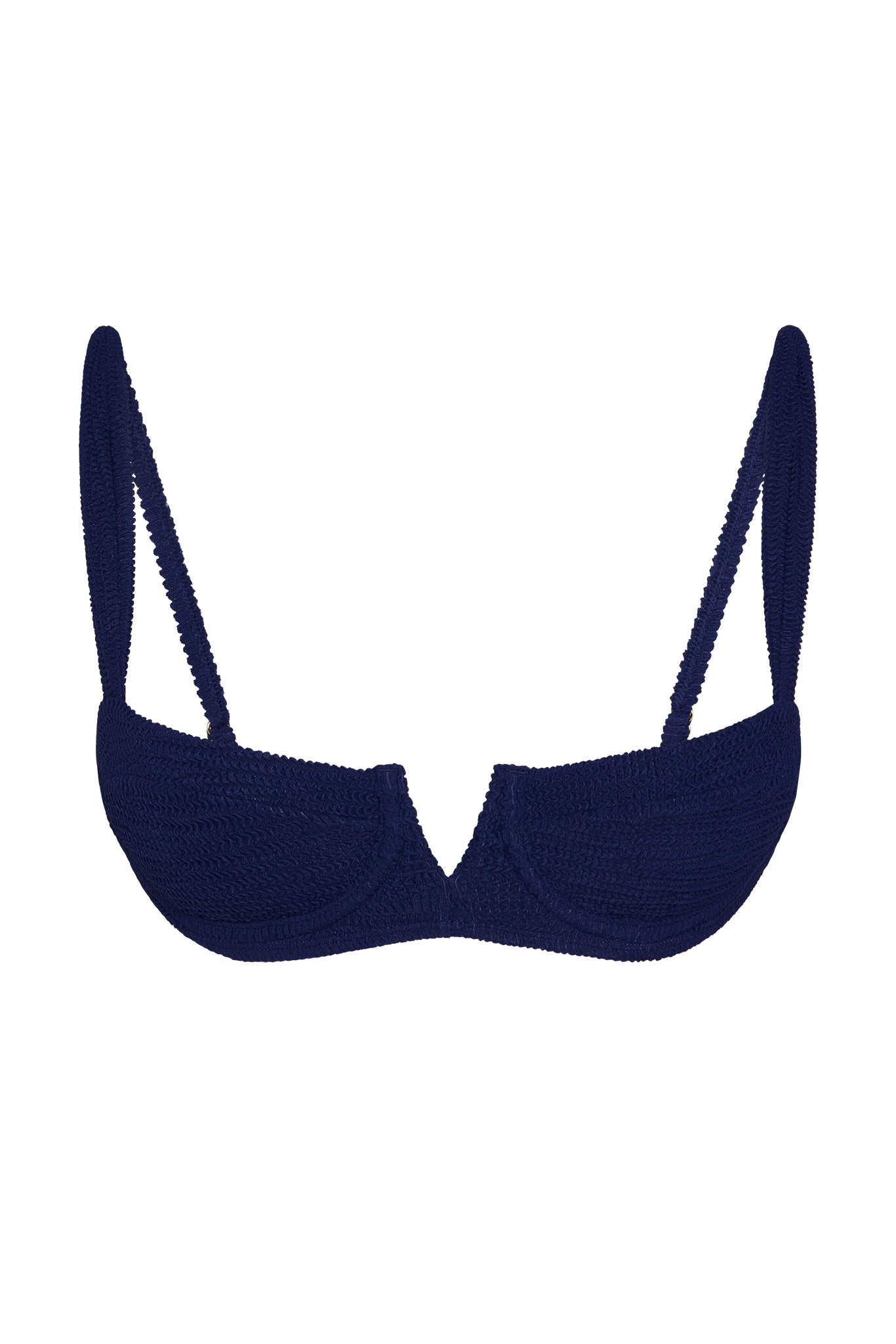 Navy blue textured balconette bikini top with underwire and V-shaped center