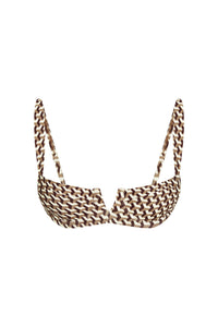 Front close-up of Clovelly Top Husk Geo showcasing underwire V-notch cups and adjustable straps on white background