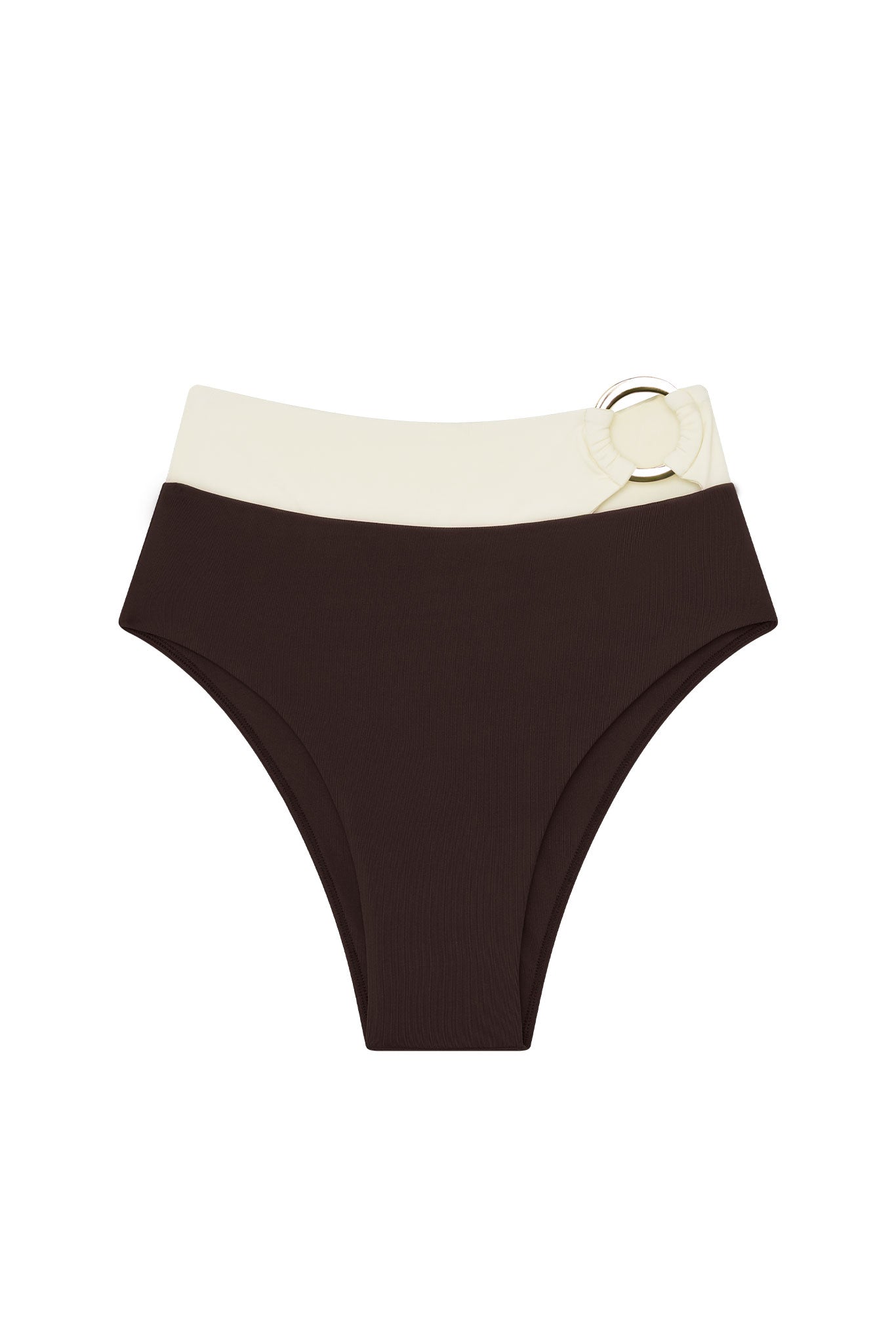 High-waist bikini bottom in chocolate brown with wide cream waistband and decorative metal ring at hip.