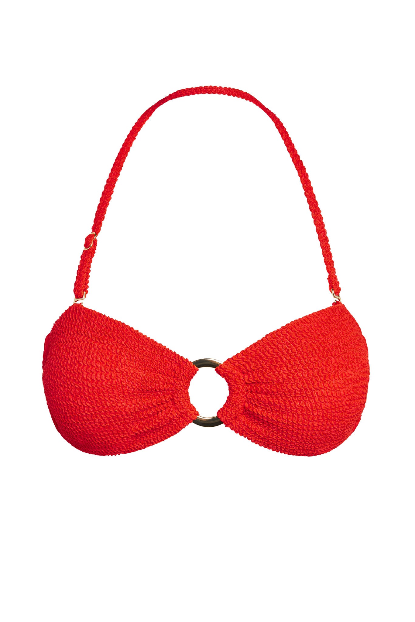 Red textured bandeau bikini top with braided halter strap and central metal ring