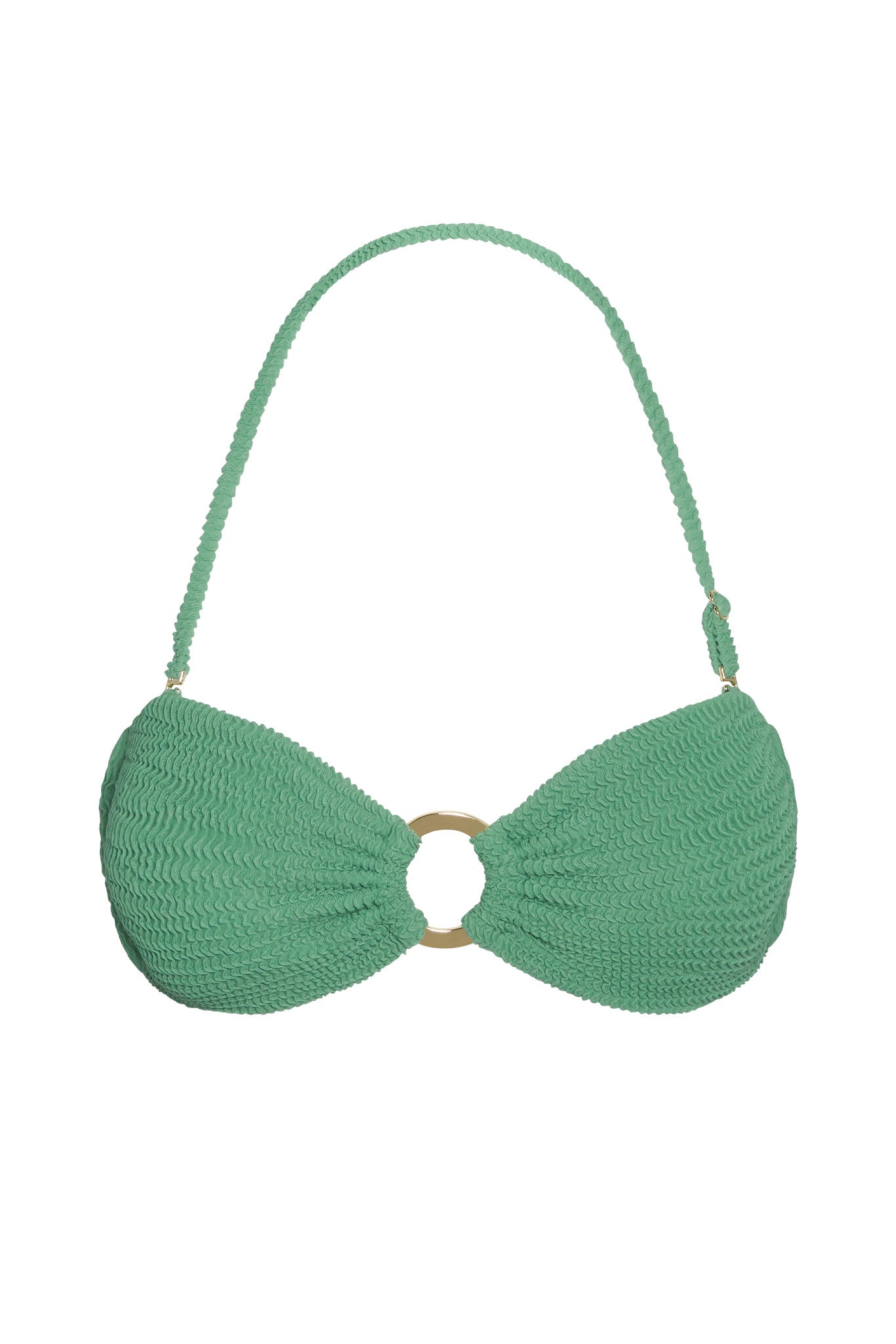 Green textured bandeau bikini top with molded cups, gold center ring and braided halter strap