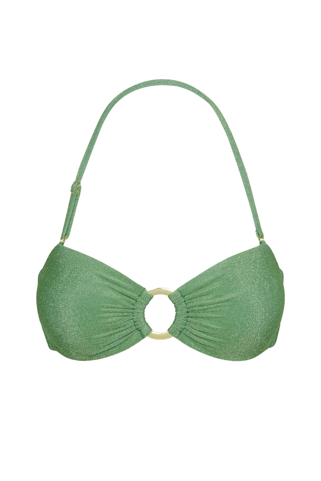 Green shimmery bandeau bikini top with halter strap and gold O-ring at center
