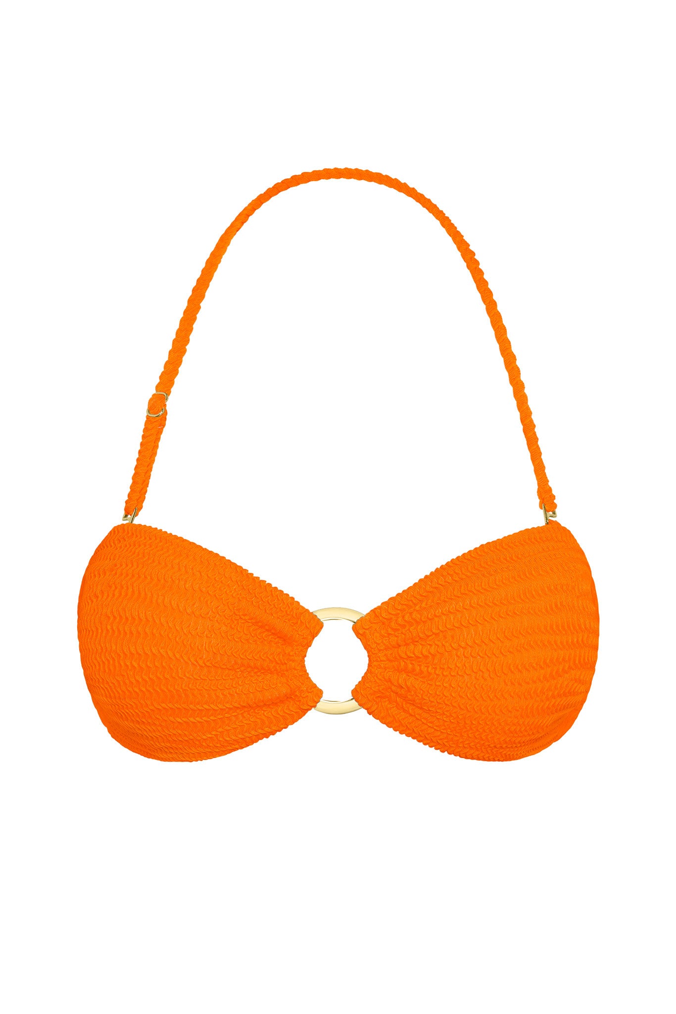 Orange textured bandeau bikini top with braided halter strap and gold center ring