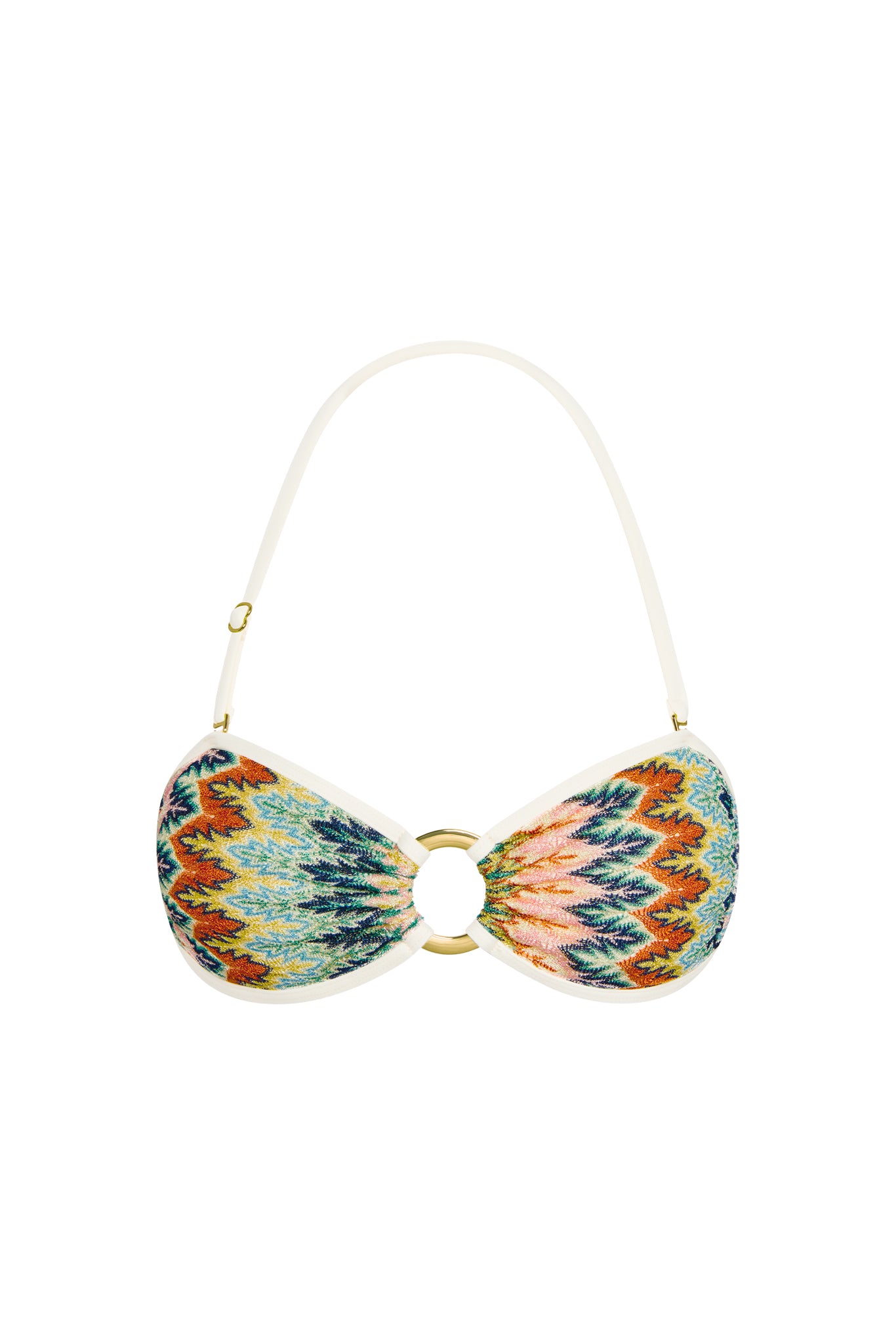 Front view of Costa Rica Top in Porto Cervo Multi with multicolor print, gold center ring and adjustable white strap on white