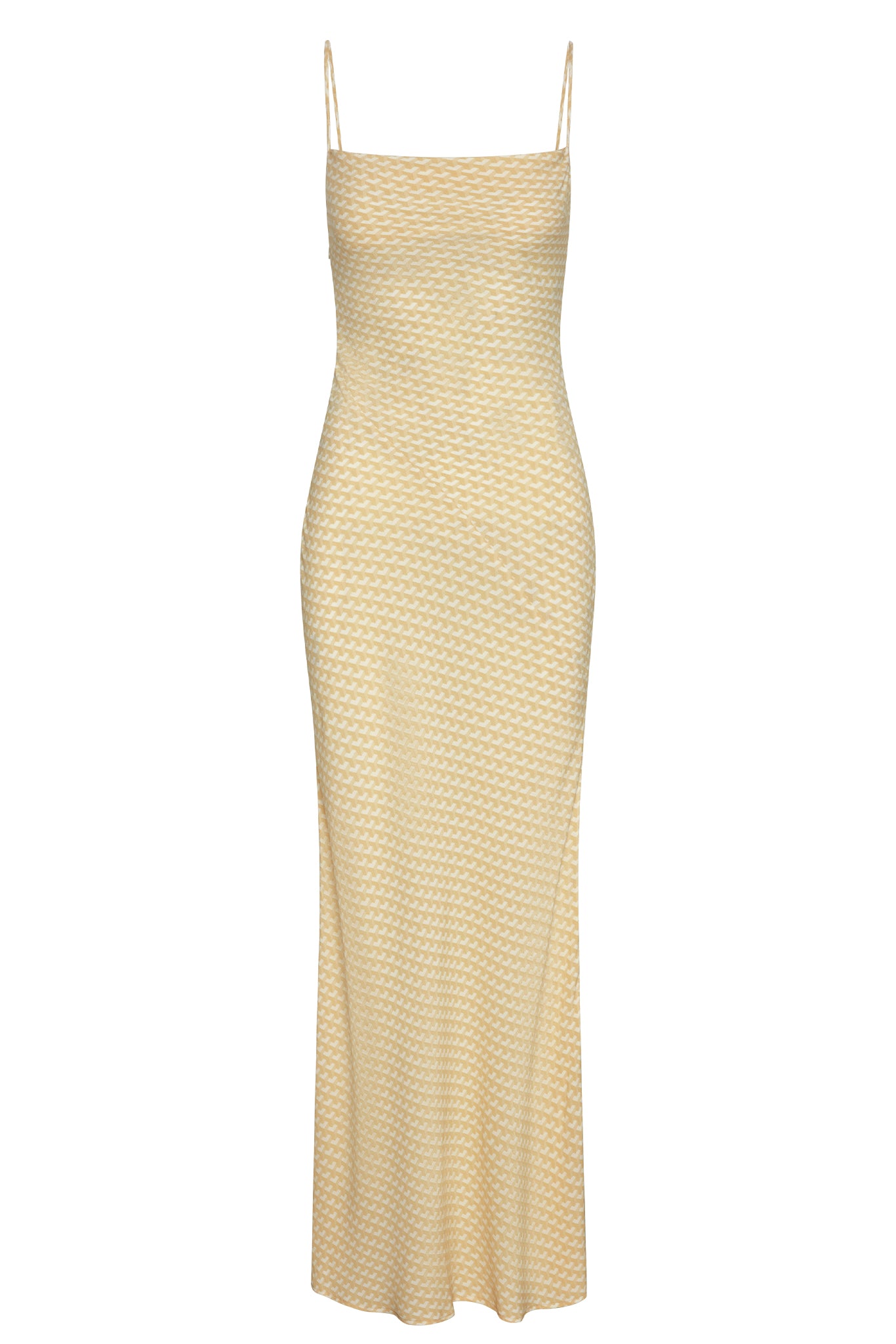 Yellow spaghetti-strap maxi dress with small white houndstooth pattern, fitted bodice and long skirt on white background.