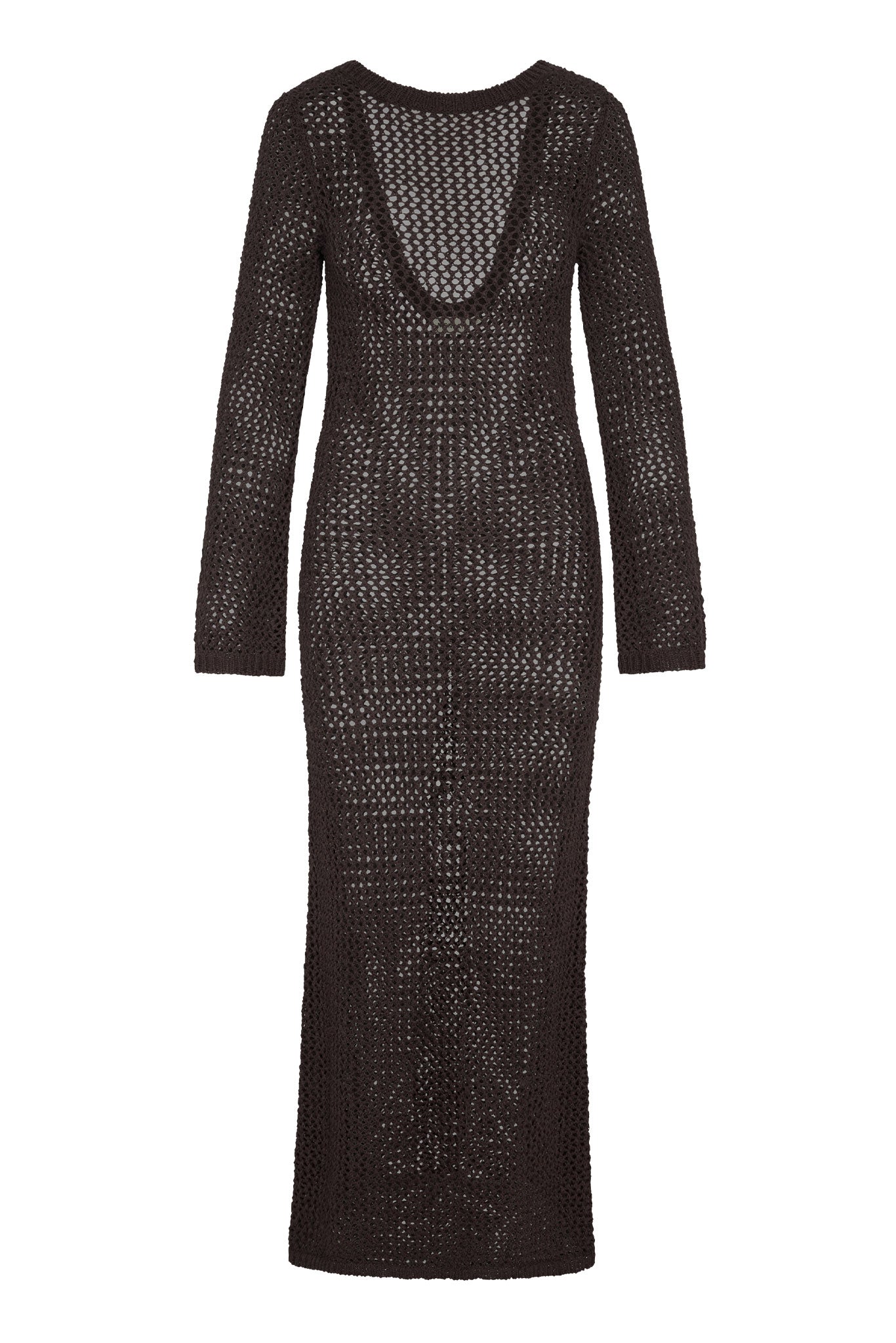 Long-sleeve open-knit maxi crochet dress in dark brown with deep scoop neckline