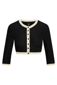Front view of black and ivory crinkle Crete Swim Cardi with cropped fit, three-quarter sleeves, ivory trim and button front