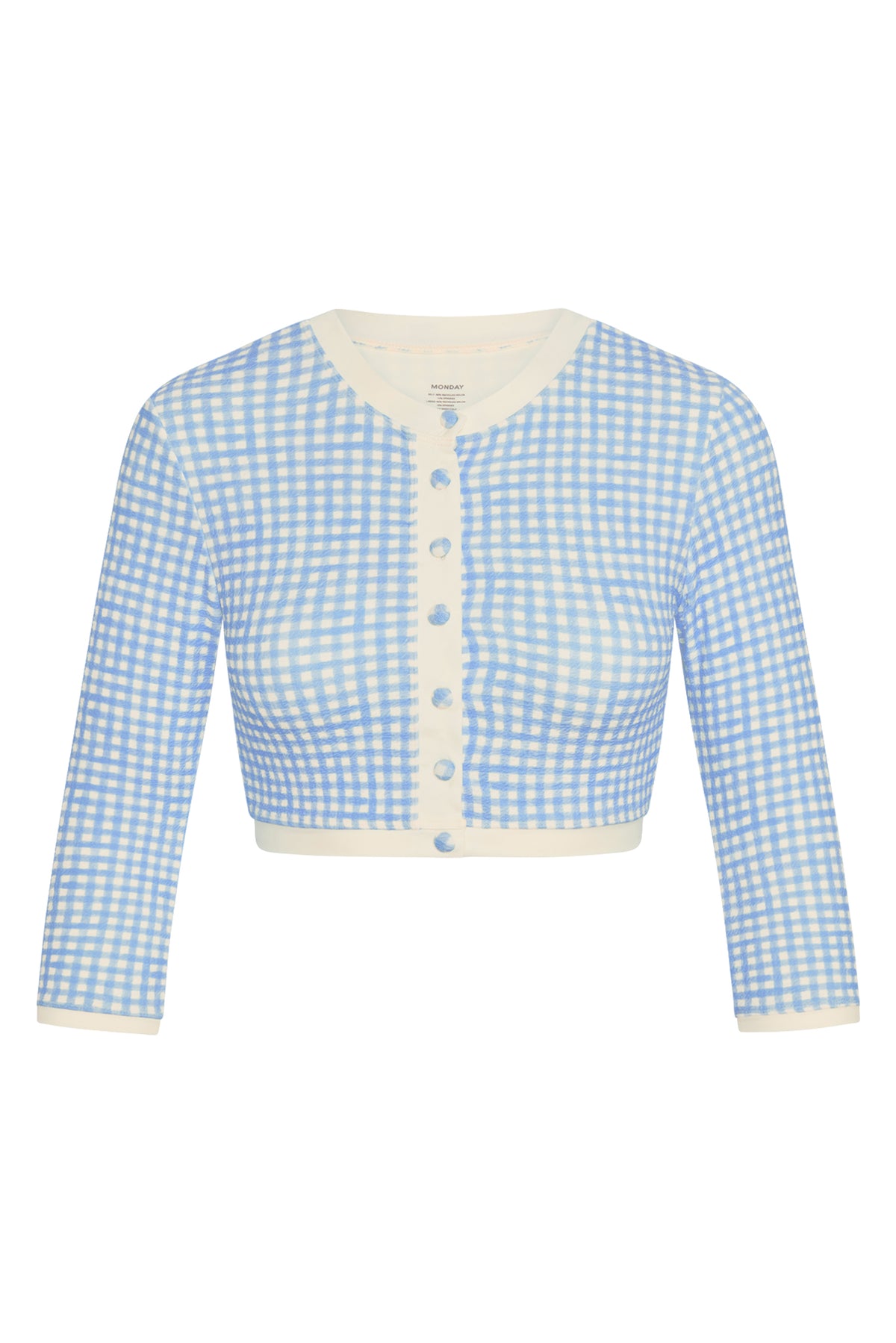 Front view of Crete Swim Cardigan in Sky Gingham showcasing long sleeves, button front, and cream trim on white