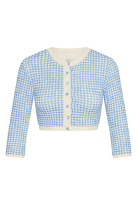 Front view of Crete Swim Cardigan in Sky Gingham showcasing long sleeves, button front, and cream trim on white