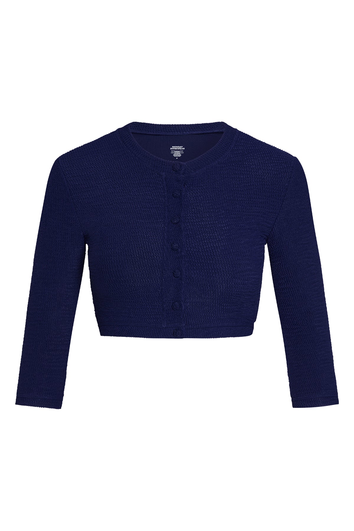 Front view of Crete Swim Cardi in Midnight Crinkle with cropped fit, button front, 3/4 sleeves, and crinkle texture