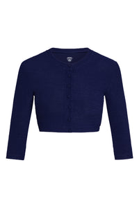 Front view of Crete Swim Cardi in Midnight Crinkle with cropped fit, button front, 3/4 sleeves, and crinkle texture