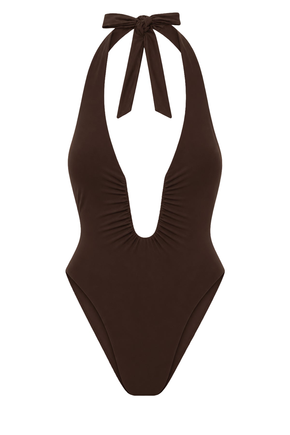 Front view of Croatia One Piece in Espresso showcasing halter plunge and U wire sheered detail on white background