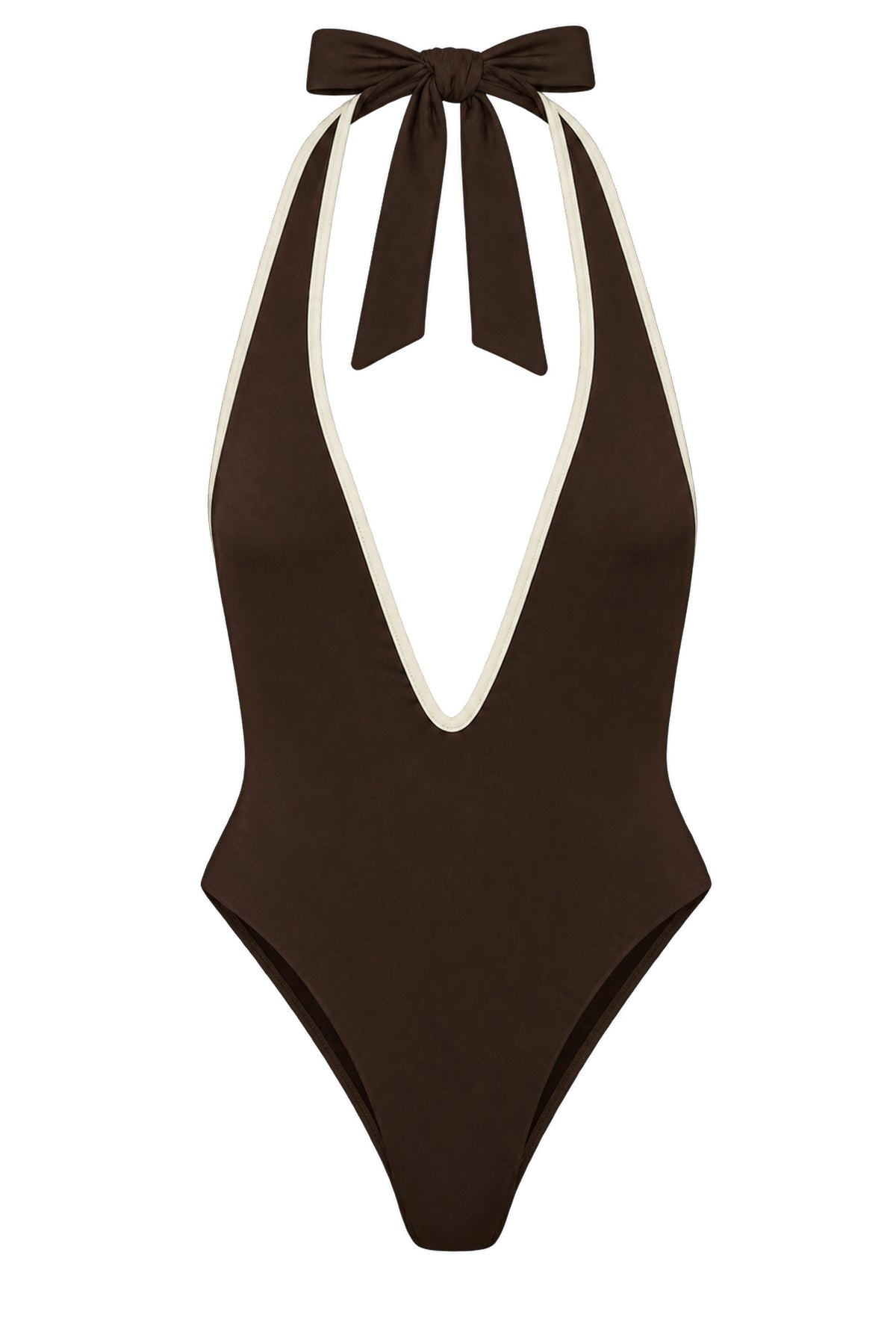 Front view of Cyprus One Piece in espresso and ivory showcasing halter plunge, contrast binding, and high-leg cut on white background