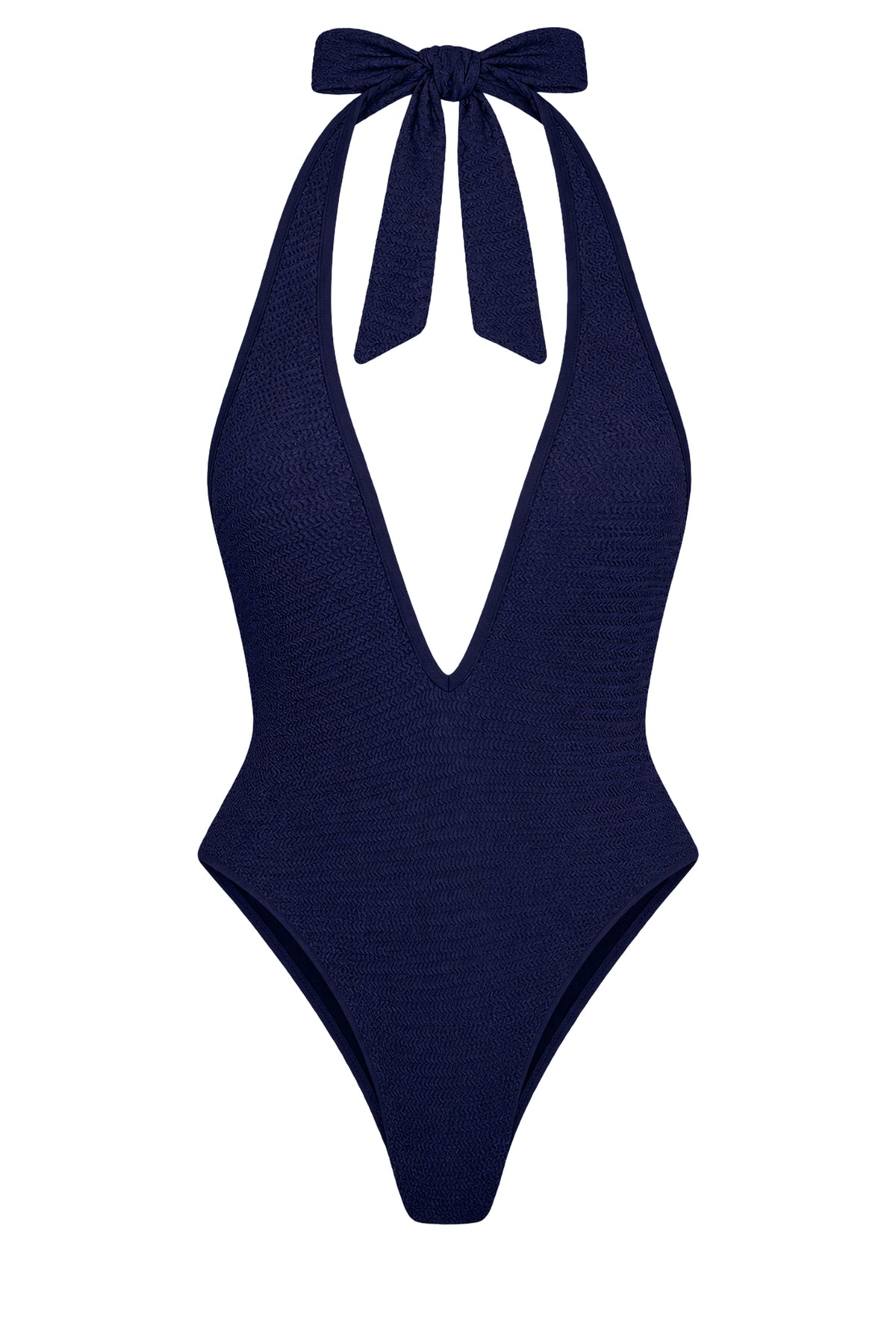 Front view of Cyprus One Piece in Midnight Crinkle showcasing halter plunge and high leg on white background