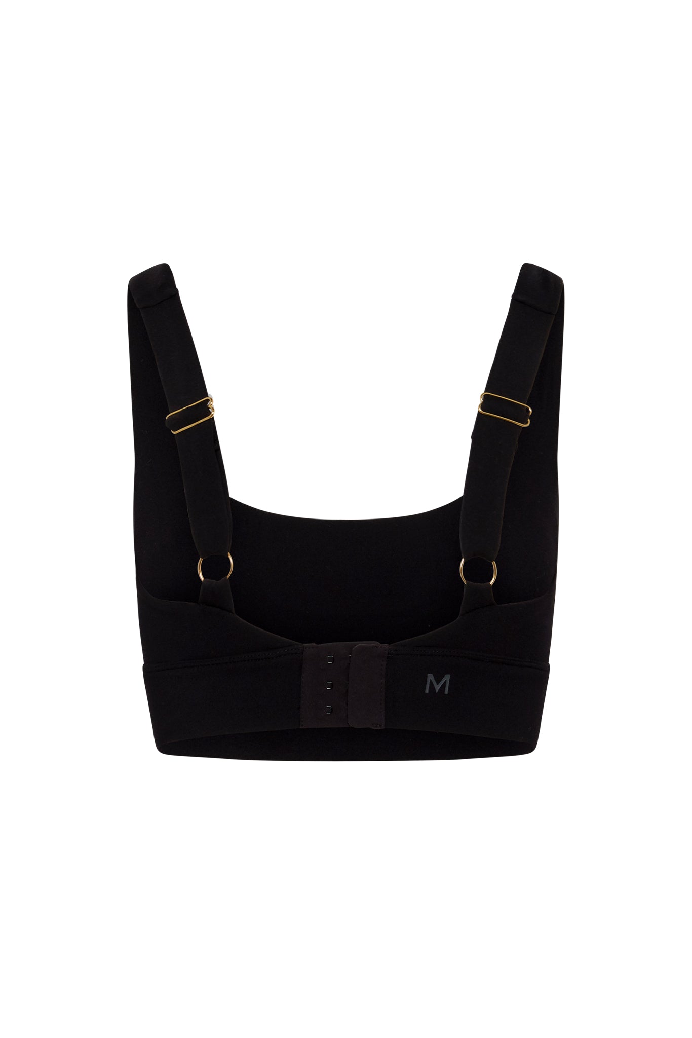 Black bra back view with adjustable straps, gold hardware, hook-and-eye closure and printed M size mark.