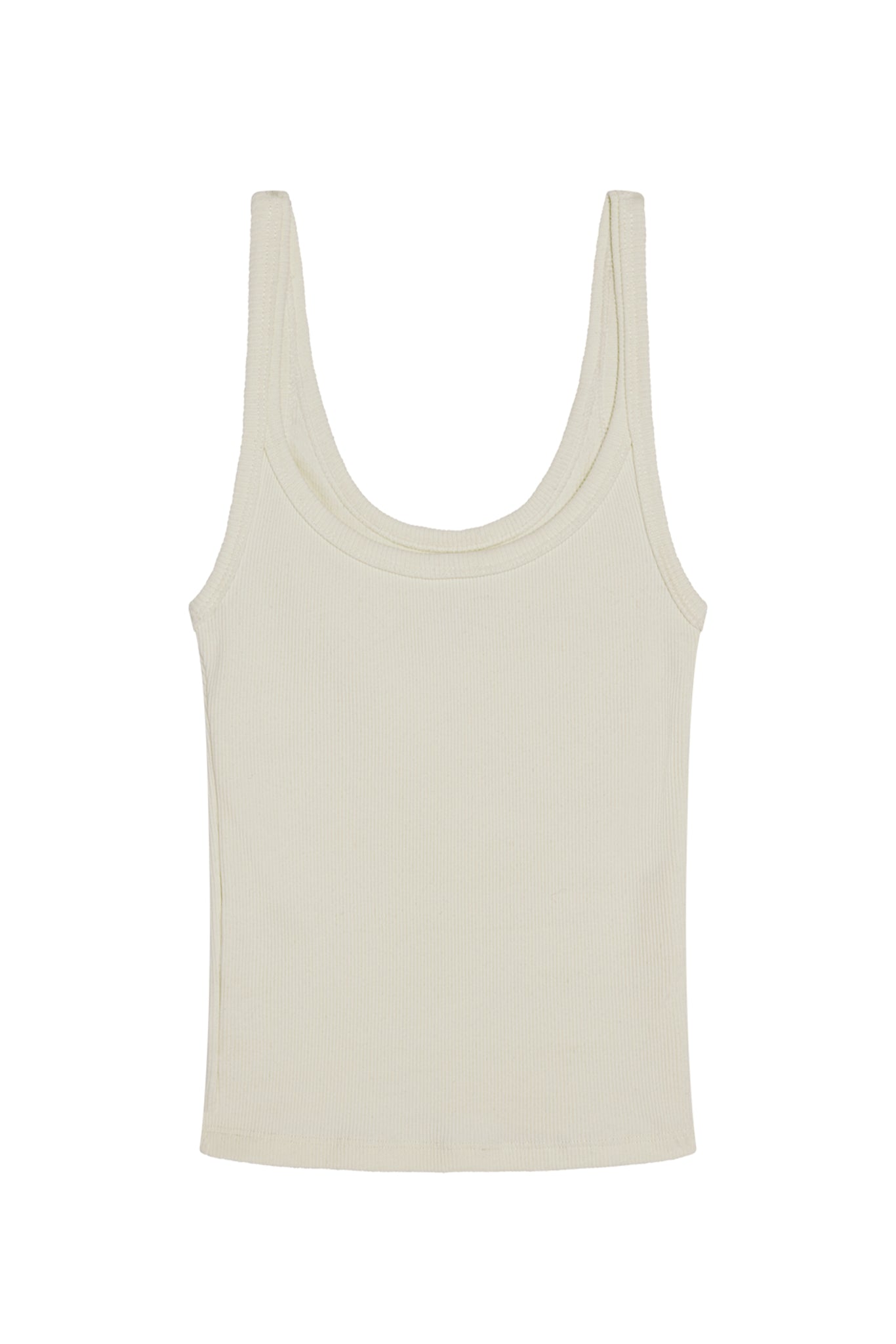 Cream ribbed scoop-neck sleeveless tank top on white background