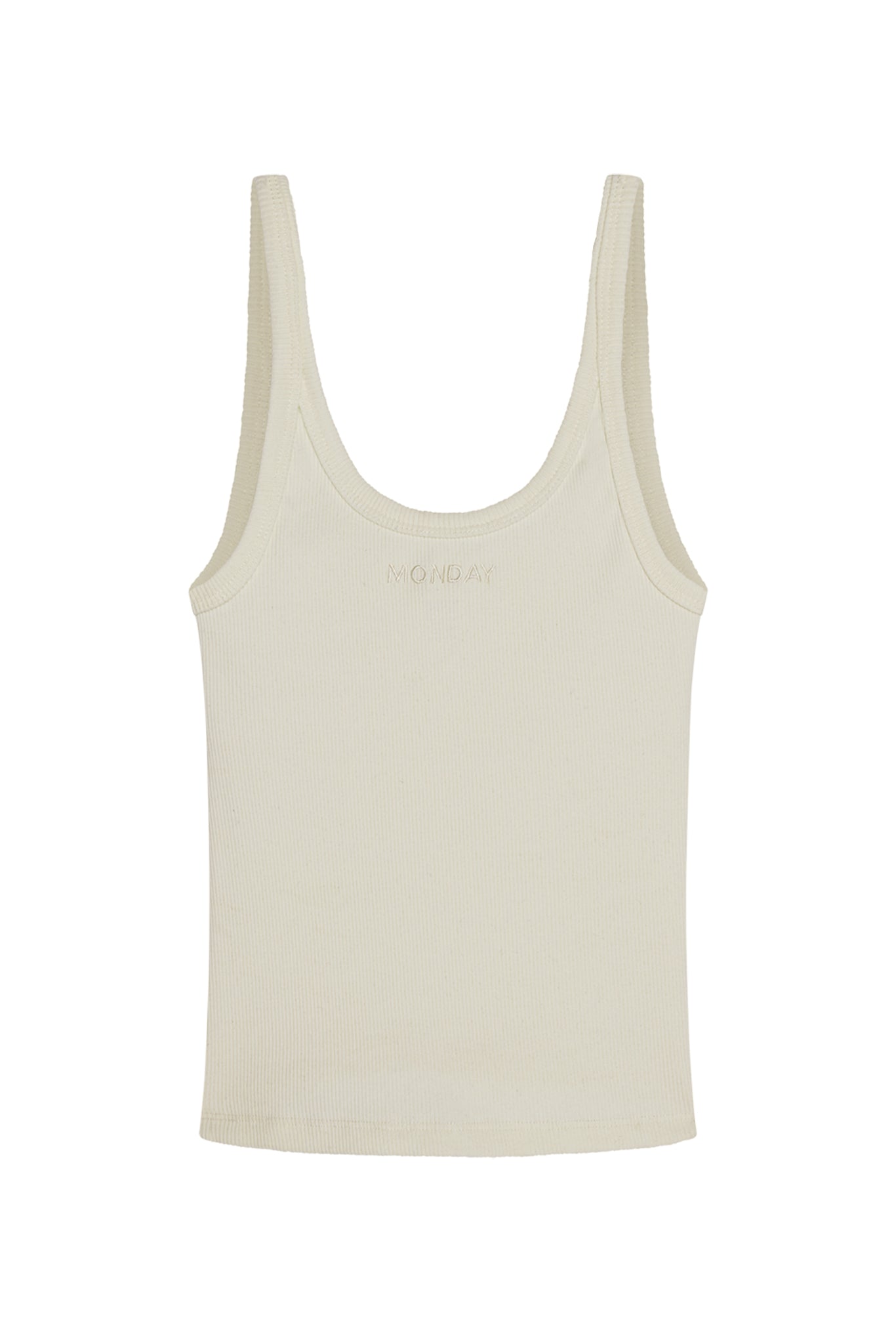 Cream ribbed tank top with embroidered MONDAY at center chest