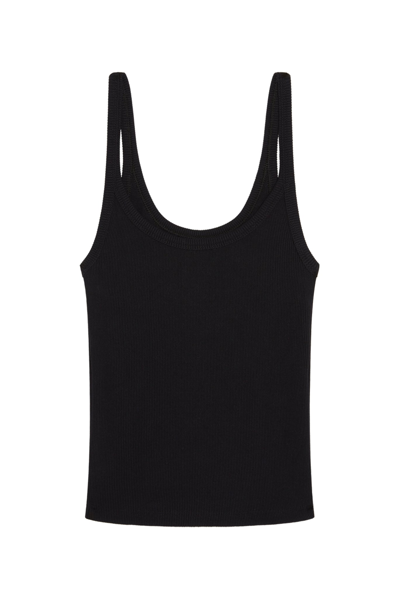 Black ribbed tank top with scoop neck and thin straps on white background