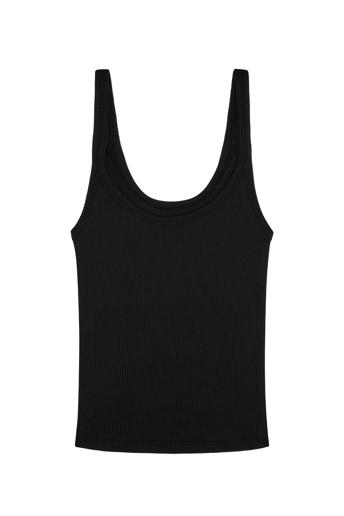 Black ribbed scoop-neck tank top with wide straps, flat-laid on white background.