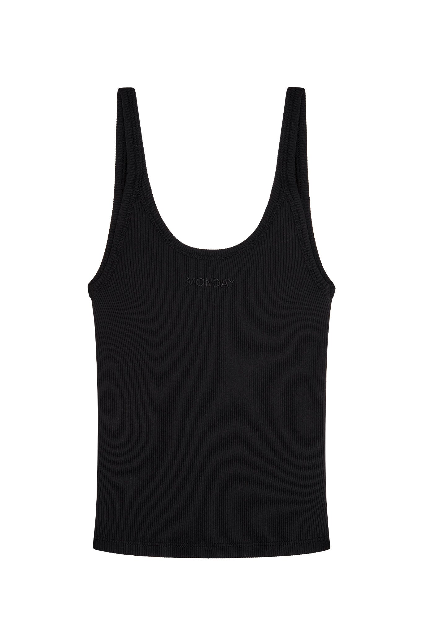 Black ribbed tank top with MONDAY embroidered at center chest.