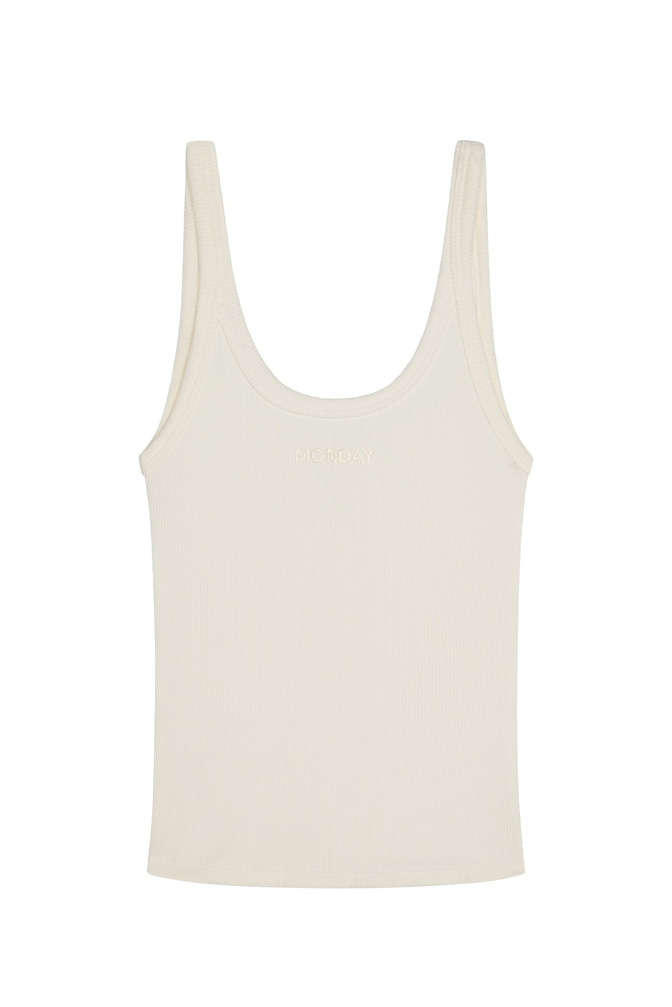 Cream ribbed tank top with MONDAY embroidered at center chest