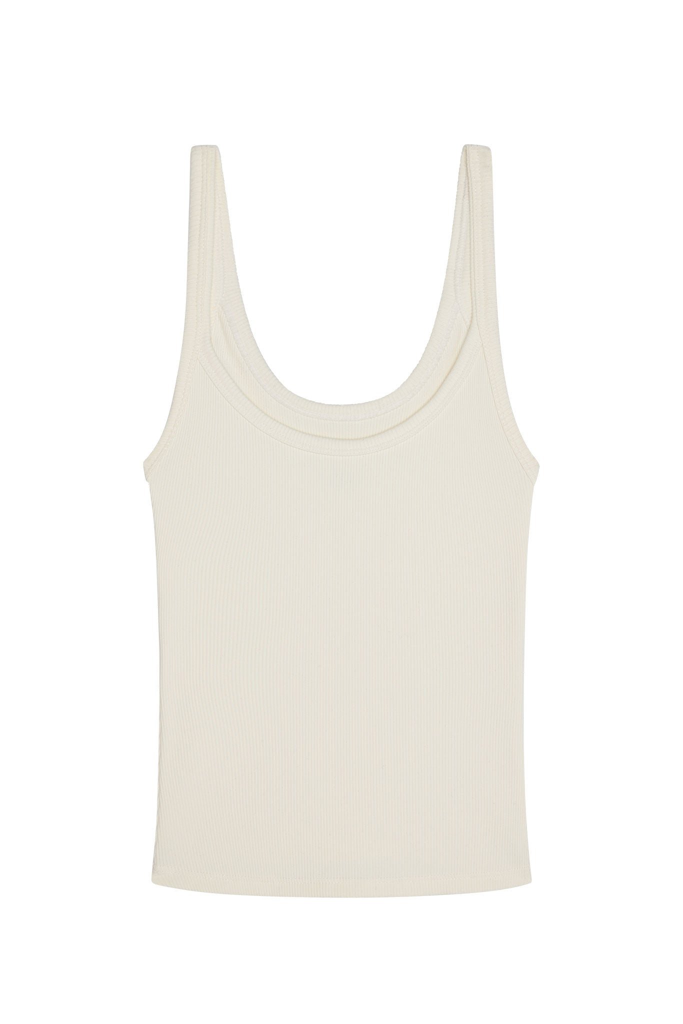 Cream ribbed scoop-neck tank top, sleeveless, flat-lay on white background