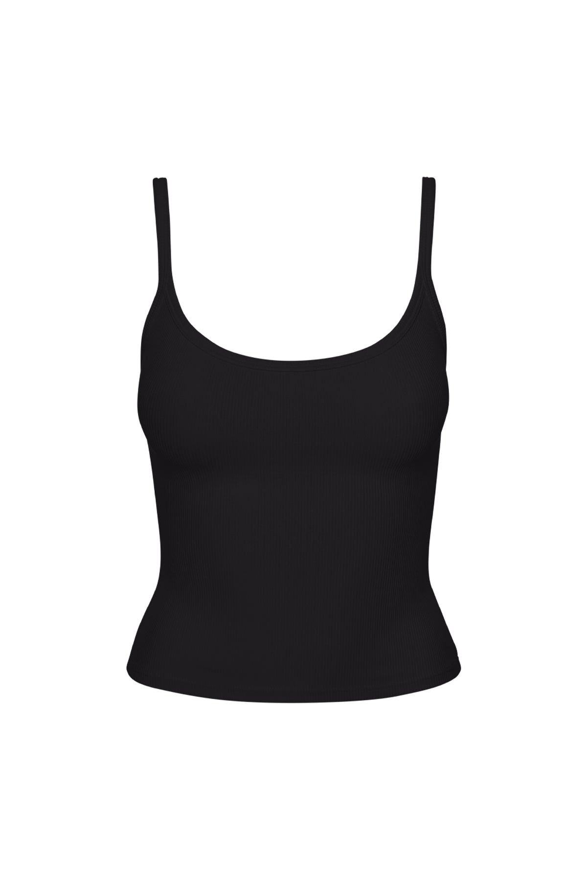 Front view of Devin Tank Long in black thin rib showcasing scoop neckline with a white background