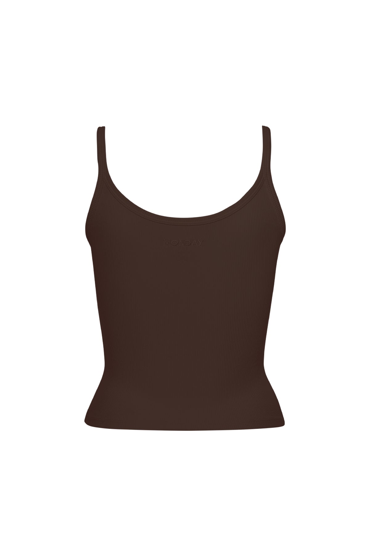 Front view of Devin Tank showcasing thin rib texture and slim straps on a white background