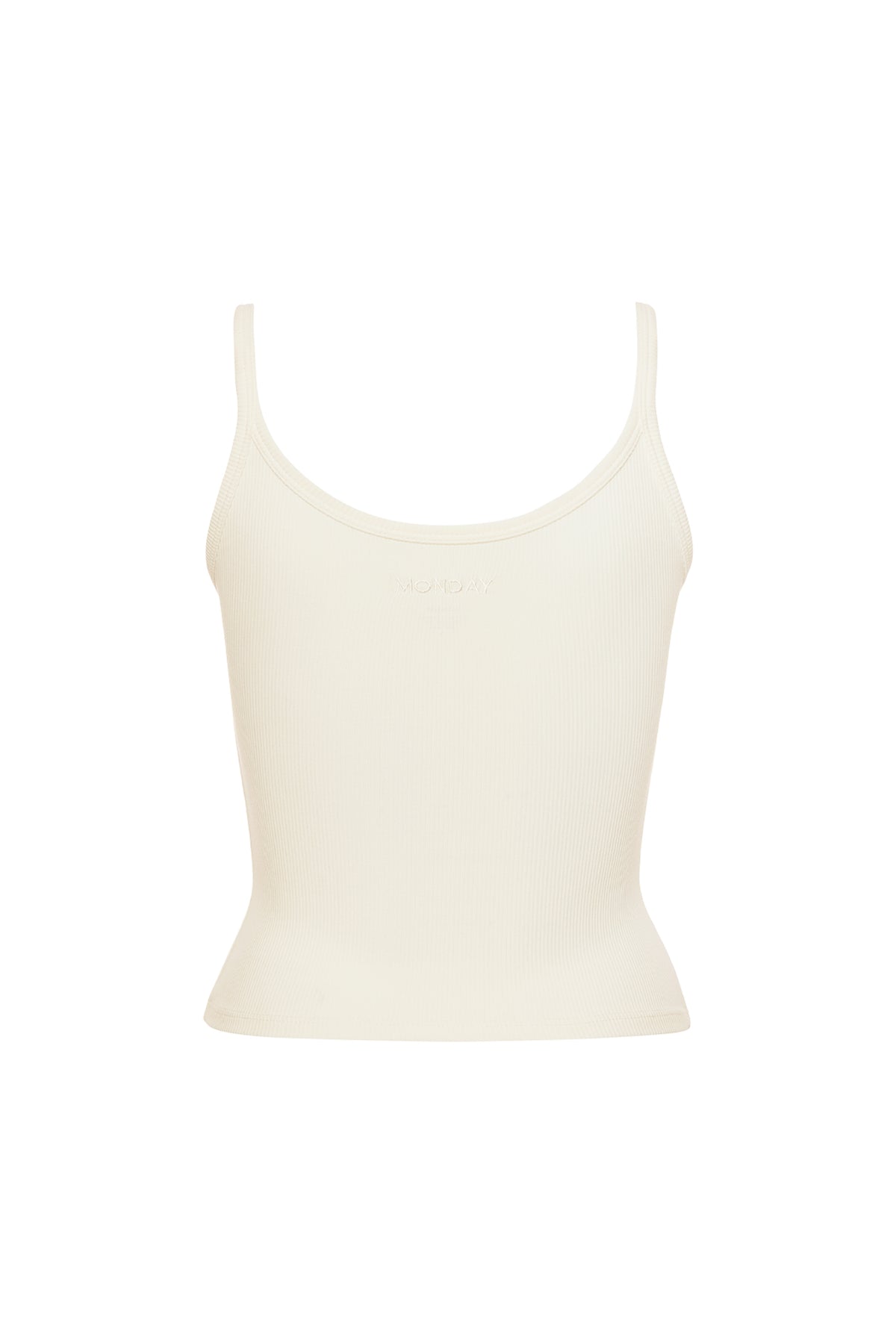 Front view of Devin Tank Long in Ivory Rib showcasing thin rib texture and scoop neckline with a white background