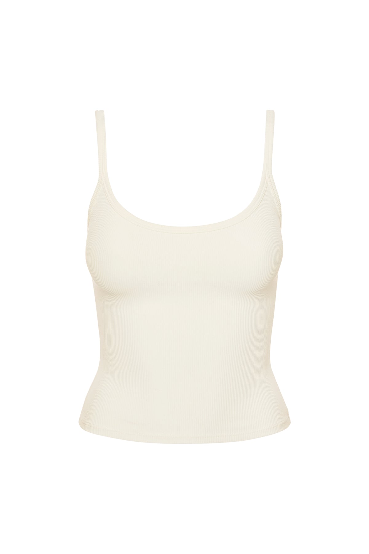 Front view of Devin Tank Crop in Ivory Rib showcasing scoop neckline and thick rib texture on white background