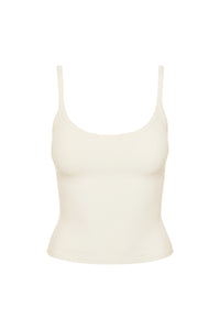 Front view of Devin Tank Crop in Ivory Rib showcasing scoop neckline and thick rib texture on white background