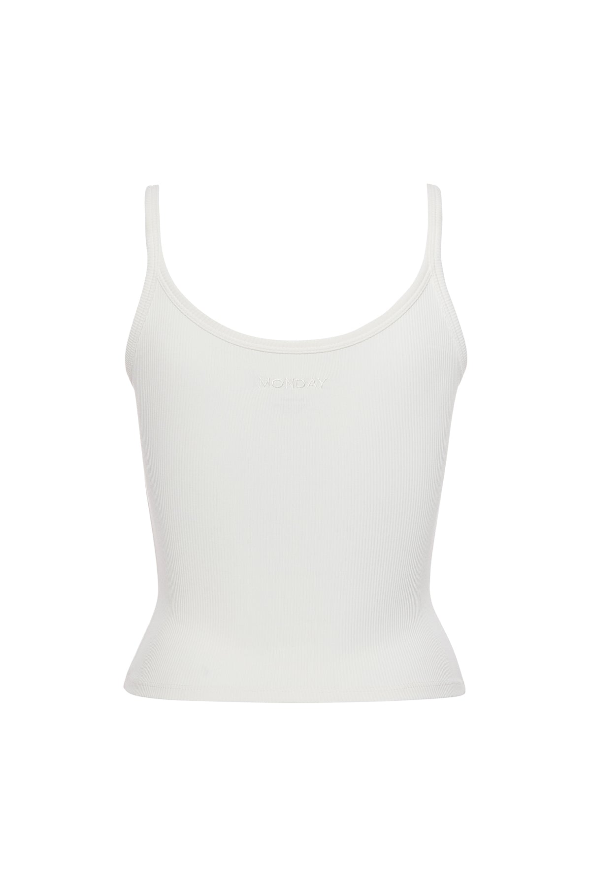 Front view of Devin Tank in White Thin Rib showcasing scoop neckline, thin rib texture, and embroidered logo with white background