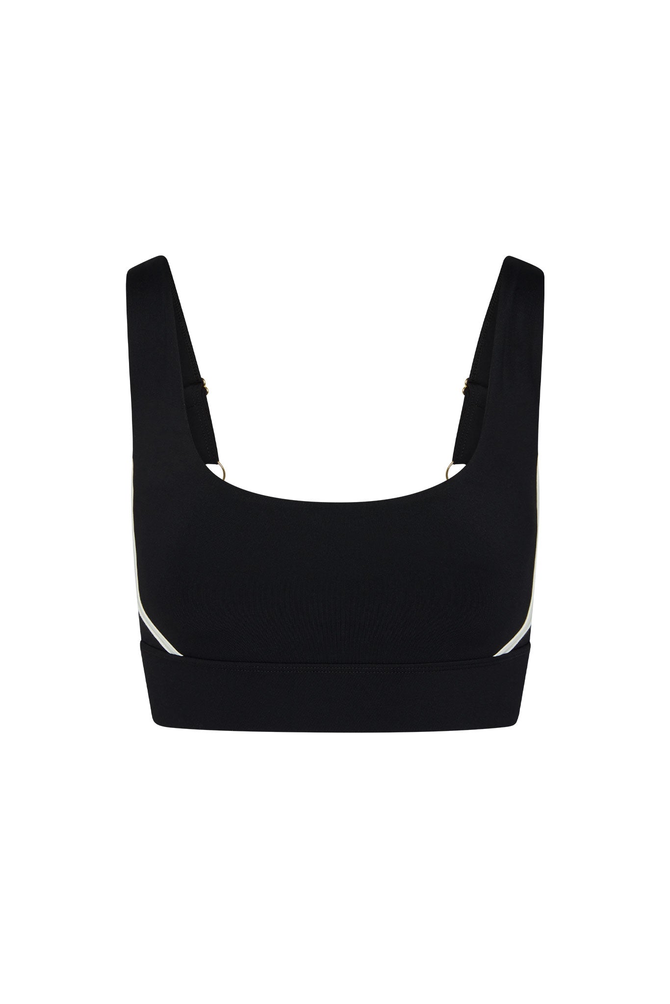 Black cropped sports bra with wide straps, white side piping, and small gold ring hardware.