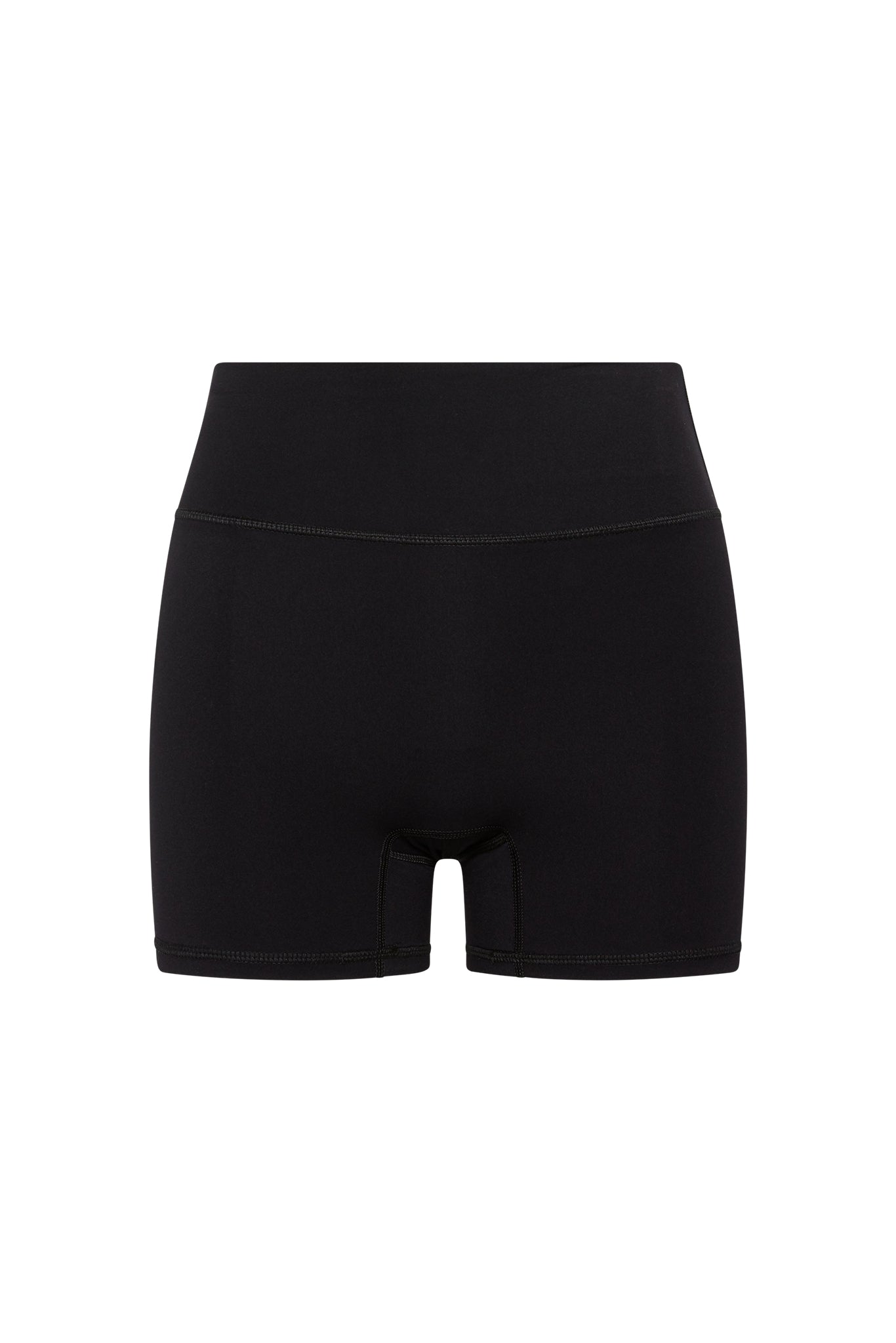 Front view of high-waist black bike shorts on white background