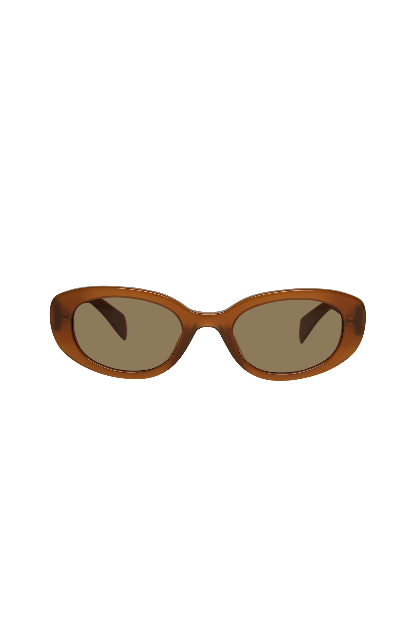 Brown oval sunglasses with translucent tortoiseshell frame, centered on white background